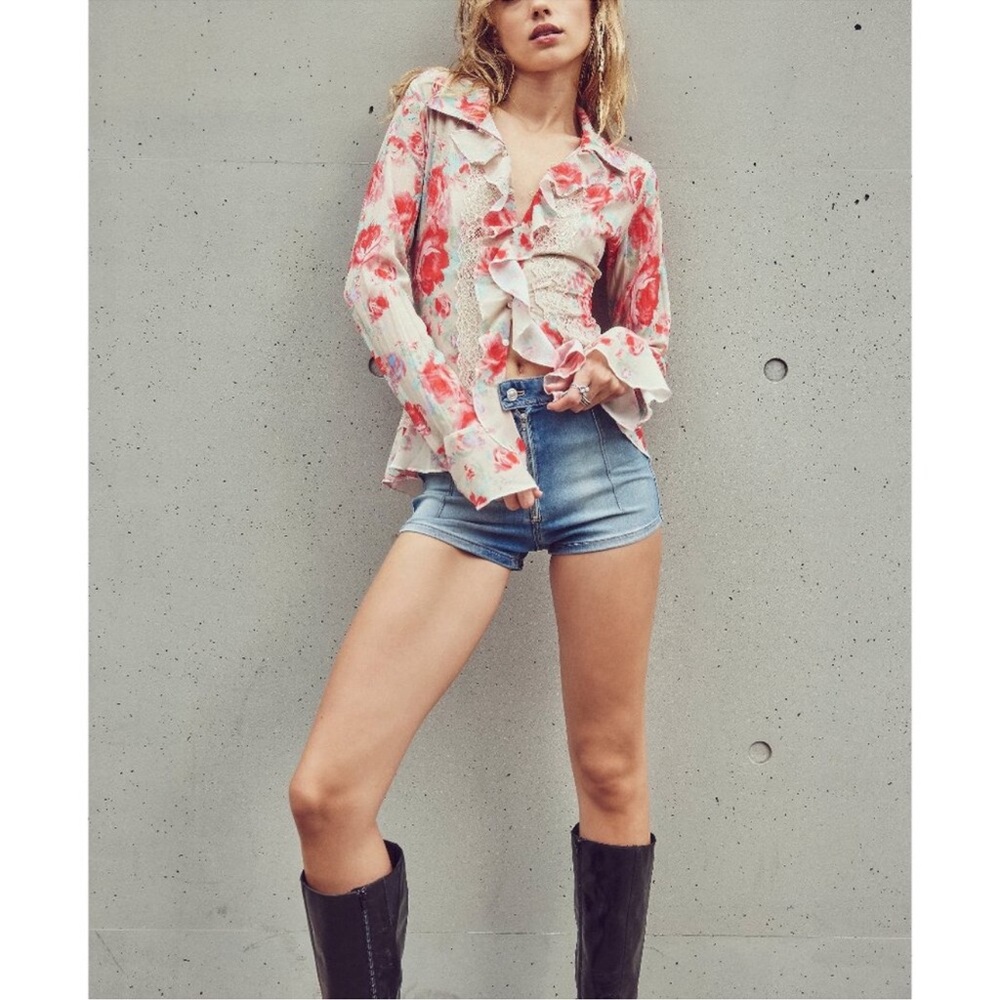 Free People “Bad at Love” Floral Ruffle Blouse NWOT